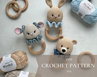 Mouse Bunny Bear crochet rattle baby toy pattern PDF