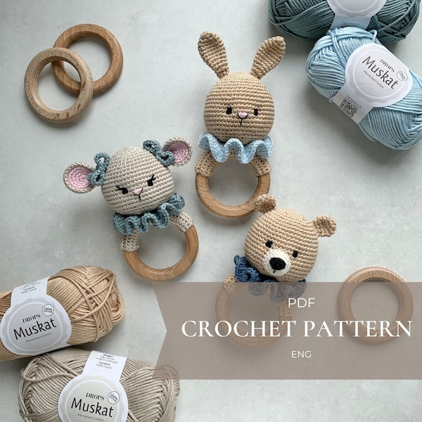 Mouse Bunny Bear crochet rattle baby toy pattern PDF