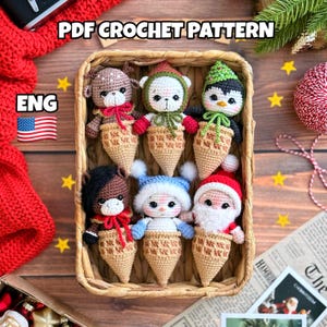 Kersthaakpatroon 6 in 1: ijs kerstman, sneeuwpop, hert, beer, pinguïn, paard Amigurumi in kerstboom PDF in ENG