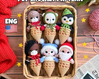Weihnachtliches Häkelmuster 6 in 1: Eis Weihnachtsmann, Schneemann, Reh, Bär, Pinguin, Pferd Amigurumi im Weihnachtsbaum PDF in ENG