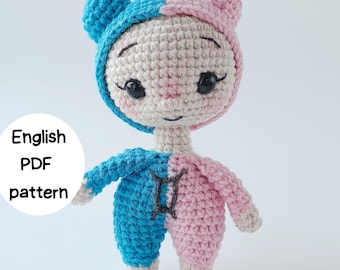 Gemini Zodiac Doll Crochet Pattern (ENG), Astrology Horoscope Amigurumi Tutorial, Bonus Coloring Page, Digital Pattern PDF
