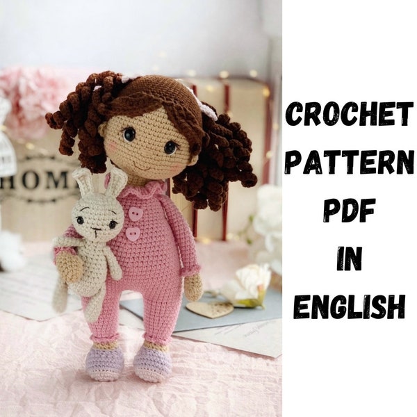 Crochet pattern a cute and beautiful doll in pajamas. Crochet bunny amigurumi, a toy for a doll. ENG PDF Amigurumi pattern