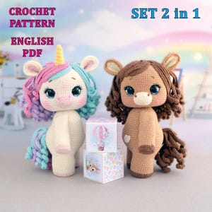 May include: Two crocheted dolls: a unicorn with a yellow horn and a colourful mane, and a horse with a brown mane. The dolls stand beside two small decorative boxes. Text on the image reads "CROCHET PATTERN ENGLISH PDF" and "SET 2 in 1".