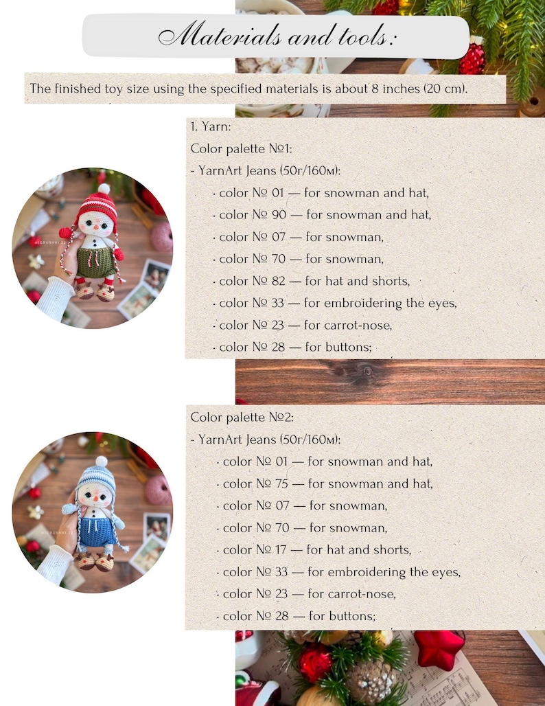 K&ouml;nnte beinhalten: Anleitung zur Herstellung eines Schneemann-Spielzeugs, ca. 20 cm gro&szlig;. Das Bild zeigt Garnfarbpaletten, einschlie&szlig;lich Farben f&uuml;r Hut, Shorts, Augen, Karottennase und Kn&ouml;pfe. Der Text lautet 'Materialien und Werkzeuge'.