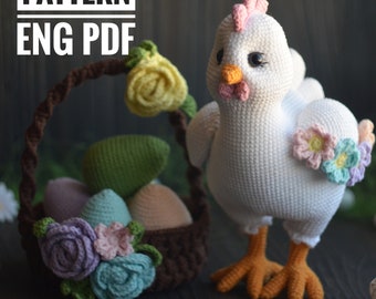 Easter Set Pattern Chicken and Wicker Basket with eggs and flowers Amigurumi Chicken pattern crochet basket