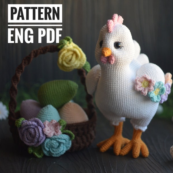 Easter Set Pattern Chicken and Wicker Basket with eggs and flowers Amigurumi Chicken pattern crochet basket