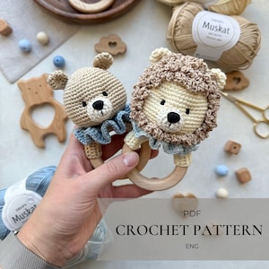Lion and bear crochet rattle baby toy pattern PDF 2 in 1