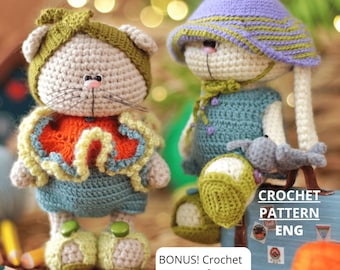 Amigurumi Crochet Pattern: Cat and Bunny in Clothes (PDF ENG) + Bonus Bunny