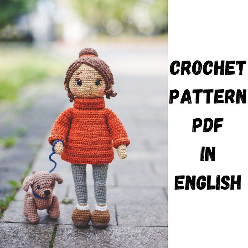 Patrón amigurumi a crochet de una preciosa muñeca con jersey. Lindo perro de crochet con correa. La muñeca de un niño. ESP PDF Patrón Amigurumi imagen 1