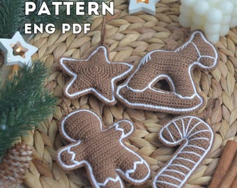 Lebkuchen Weihnachtsanhänger Häkelanleitung: Stern, Zuckerstange, Mann, Pferd (PDF)