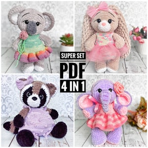 Set 4 in 1 amigurumi crochet pattern - elephant, koala, raccoon and bunny crochet pattern