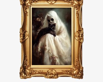 Spooky Ghost with Cat Vintage Art Print: Gothic Halloween Decor (Digital Download)