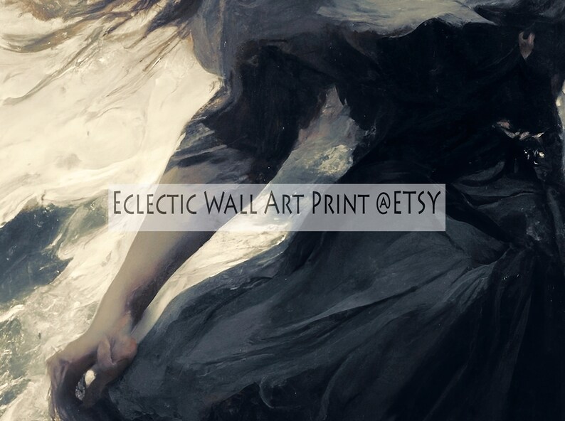 Pode incluir: Uma impress&atilde;o art&iacute;stica escura com uma figura em tecido escuro e fluido, possivelmente um vestido ou capa, contra um fundo desfocado e et&eacute;reo. O texto "Eclectic Wall Art Print @ Etsy" est&aacute; sobreposto. A obra evoca movimento e mist&eacute;rio.