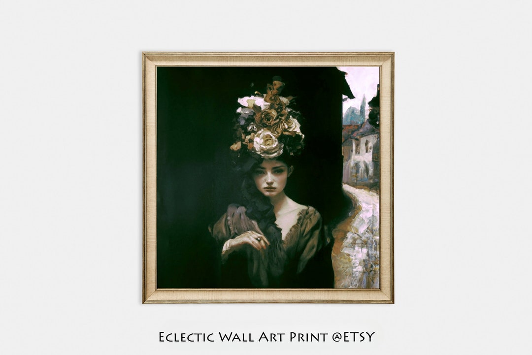Vintage Moody Portrait Woman Painting Print, Dark Academia Decor, Dark
