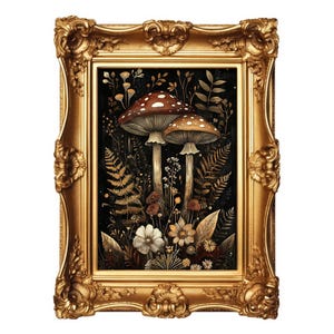 Woodland Mushrooms, Moody Botanical Cottagecore Decor, Enchanted Forest Print, Goblincore Aesthetic, Dark Academia Wall Art,Moody Floral Art