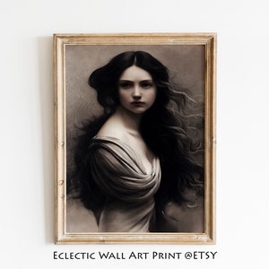 May include: A framed portrait of a woman with long dark hair, wearing a light-coloured dress. The portrait is in a vintage style, with a soft, muted colour palette.