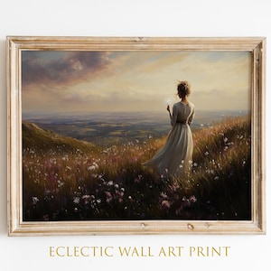 Woman in Field Wall Art Print, Vintage Style Landscape Painting, Nature Scene Artwork, Home Decor, Gift for Her, Romantic Spring Wall Art