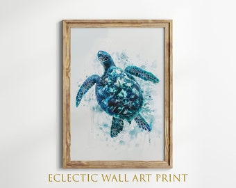 Blue Sea Turtle Watercolor Painting, Coastal Wall Art, Marine Life Decor, Ocean Animal Print, Beach Artwork, Nautical Watercolor Art Print