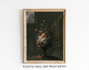 Impresión de naturaleza muerta con flores oscuras: ramo vintage, decoración de estilo académico (descarga digital)