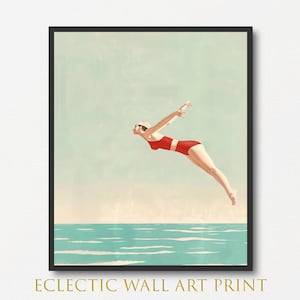 Vintage Style Diving Poster, Retro Taucher im roten Badeanzug, Küsten Wandkunst, Ozean inspiriert Wohnkultur, Nostalgische Strand Kunstwerk