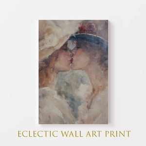 Lesbian Kiss Romantic Vintage Painting Print, Two Women Lovers Kissing, Bridal Gift Idea, Sapphic Art, LGBT Art, Large Print Wall Decor