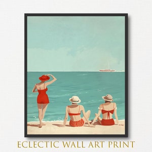 Poster vintage con scena di spiaggia: arte murale costiera retrò (download digitale)