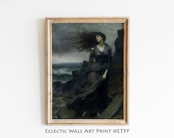 Decoração gótica vintage para casa, decoração dark academia, mulher em pé em um penhasco tempestuoso e ventoso, pintura vintage sombria, impressão em óleo escuro