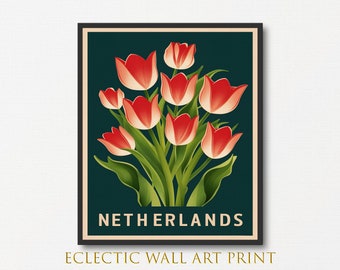 affiche vintage d'art de tulipes des Pays-Bas : décoration florale rétro (téléchargement numérique)