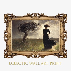 Retrato de mujer en un paisaje ventoso, arte de paisaje tormentoso, decoración gótica vintage, decoración oscura de la academia, pintura al óleo vintage de un ambiente melancólico
