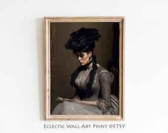 Victorian Woman Reading Portrait: Dark Academia Wall Art (Digital Download)