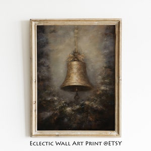 Vintage Golden Christmas Bell Print, Christmas Printable Wall Art, Moody Christmas Art, Dark Academia Decor, Dark Oil Xmas Bell Painting