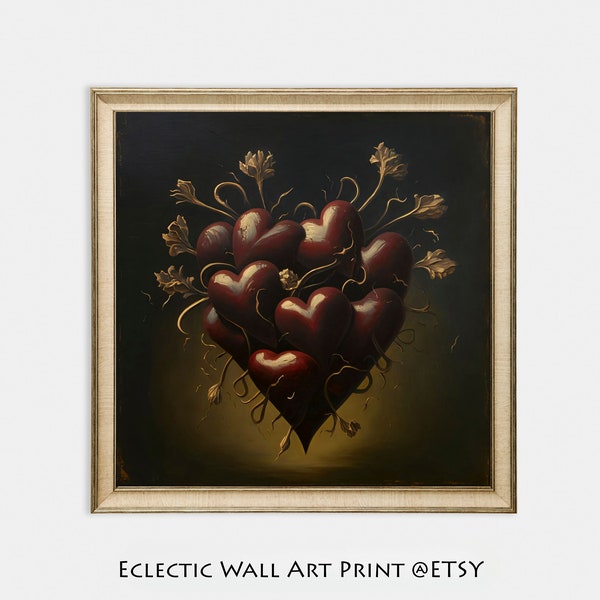 Vintage Hearts Painting Print, Dark Academia Decor, Moody Wall Art, Valentine Day Gift, Romantic Love Art, Wedding Art Gift, Symbolism Decor