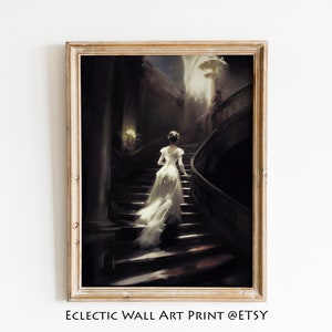 Lady Running Up the Stairs, Woman Vintage Moody Portrait, Dark Academia Decor, Dark Oil Painting Print, Moody Art Print, Victorian Decor