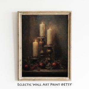 Stimmungsvolle Weihnachten Druck, Vintage Weihnachtsdekor Malerei, Weihnachtskerze Stillleben Malerei, Dark Academia, druckbare Kunst Stimmungsvolle Weihnachten