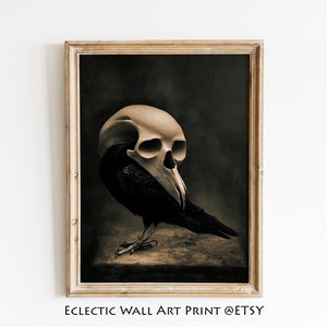 Raven with Giant Crow Skull Dark Oil Painting, Oddities and Curiosities, Creepy Occult Wall Art Printable, Gothic Home Decor, Strange Art
