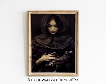 Witch and Crow Portrait, Dark Academia Decor, Dark Cottagecore