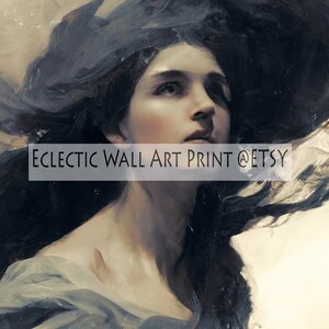 Pode incluir: Impress&atilde;o art&iacute;stica de uma mulher com longos cabelos escuros fluindo dramaticamente. A obra de arte tem uma est&eacute;tica vintage, com ilumina&ccedil;&atilde;o suave e uma paleta de cores suaves. O texto "Eclectic Wall Art Print @ Etsy" &eacute; vis&iacute;vel.