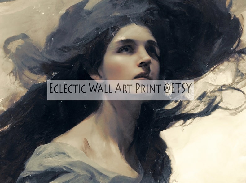 Pode incluir: Impress&atilde;o art&iacute;stica de uma mulher com longos cabelos escuros fluindo dramaticamente. A obra de arte tem uma est&eacute;tica vintage, com ilumina&ccedil;&atilde;o suave e uma paleta de cores suaves. O texto "Eclectic Wall Art Print @ Etsy" &eacute; vis&iacute;vel.