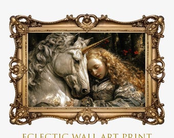 Unicorn and Maiden Art Print: Vintage Fantasy Home Decor (Digital Download)