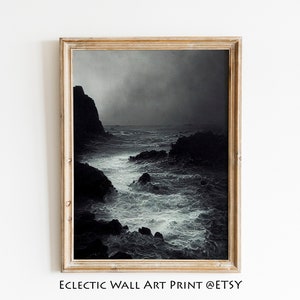 Coastal Night Landscape Print, Antique Coastal Wall Art, Vintage Dark Oil Painting Print, Dark Academia Decor, Moody Wall Art Painting