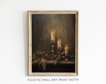 Christmas Candle Still Life Painting, Vintage Christmas Painting, Moody Christmas Print, Dark Academia, Printable Art Moody Christmas