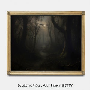 Pintura gótica antigua de bosque de estilo cottagecore oscuro, arte mural melancólico, decoración de la academia oscura