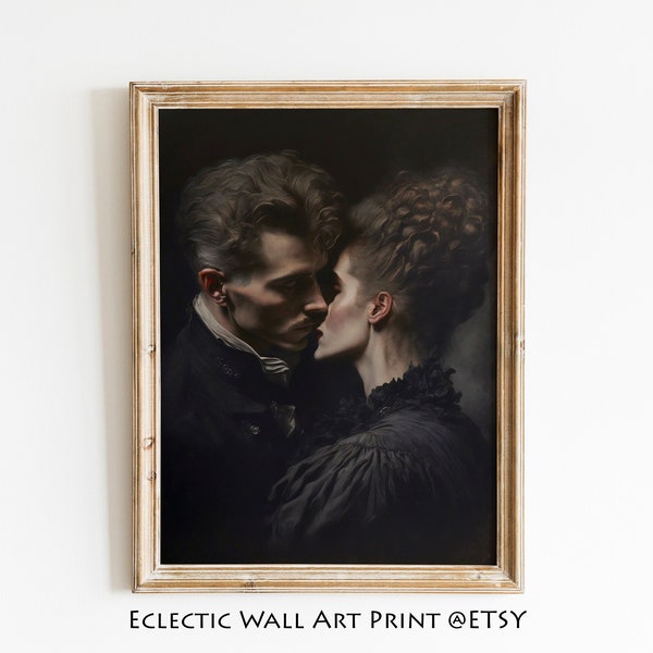 Lovers Kissing, Vintage Victorian Portrait Painting Print, Dark Academia Decor, Antique Moody Wall Art, Valentine Day Gift, Romantic Art