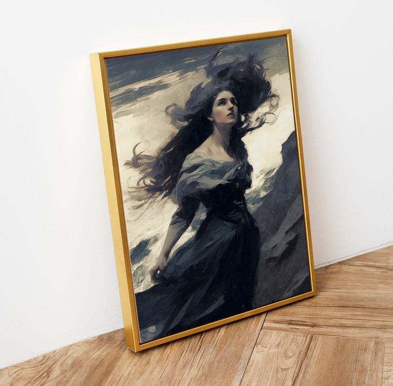 Pode incluir: Uma obra de arte emoldurada com uma mulher de longos cabelos escuros e esvoa&ccedil;antes e um vestido escuro. A pintura tem uma sensa&ccedil;&atilde;o dram&aacute;tica e varrida pelo vento com uma moldura dourada. A paleta de cores &eacute; principalmente azul escuro, cinza e branco.