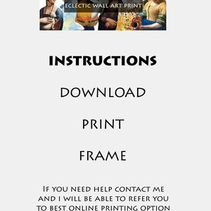 Pode incluir: Imagem com uma sele&ccedil;&atilde;o de impress&otilde;es de arte famosas, com o texto "ECLECTIC WALL ART PRINT" no topo. Abaixo, instru&ccedil;&otilde;es para download, impress&atilde;o e enquadramento. Texto adicional oferece assist&ecirc;ncia com op&ccedil;&otilde;es de impress&atilde;o online.