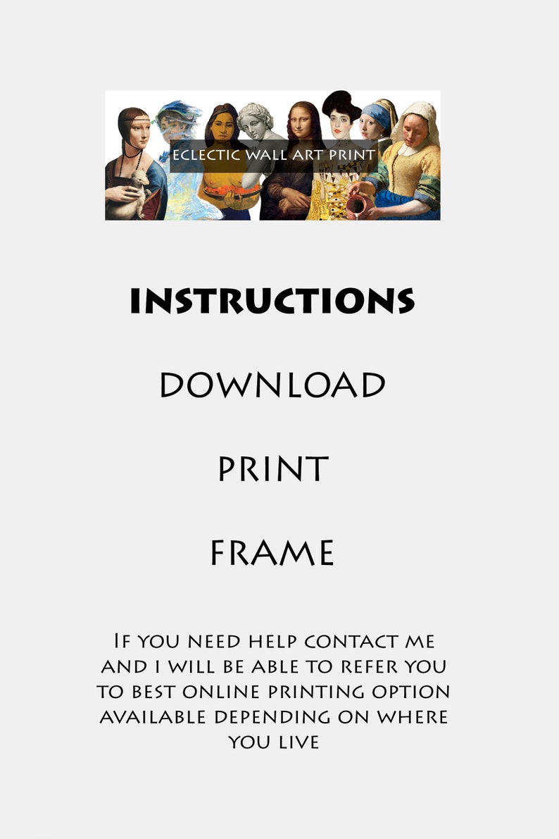 Pode incluir: Imagem com uma sele&ccedil;&atilde;o de impress&otilde;es de arte famosas, com o texto "ECLECTIC WALL ART PRINT" no topo. Abaixo, instru&ccedil;&otilde;es para download, impress&atilde;o e enquadramento. Texto adicional oferece assist&ecirc;ncia com op&ccedil;&otilde;es de impress&atilde;o online.