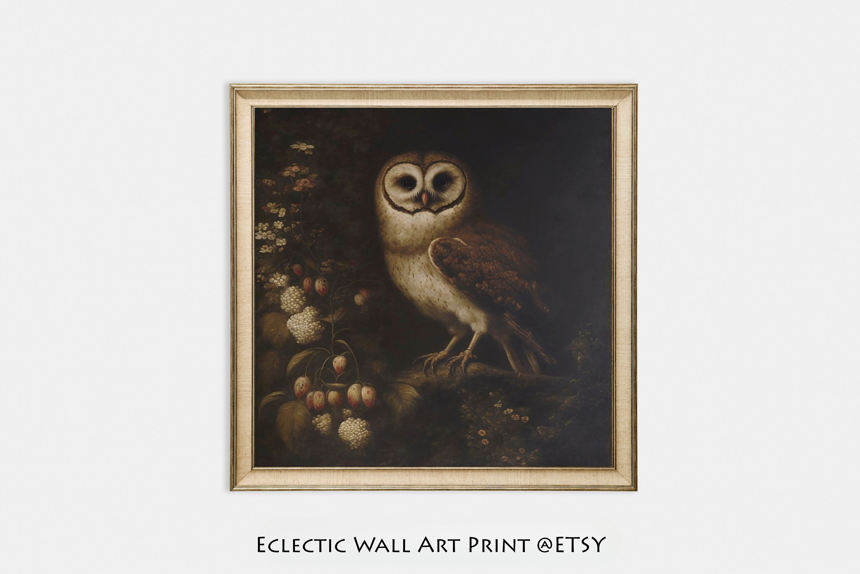 Antique Owl in Forest Oil Painting: Dark Cottagecore Print (Digital Download)