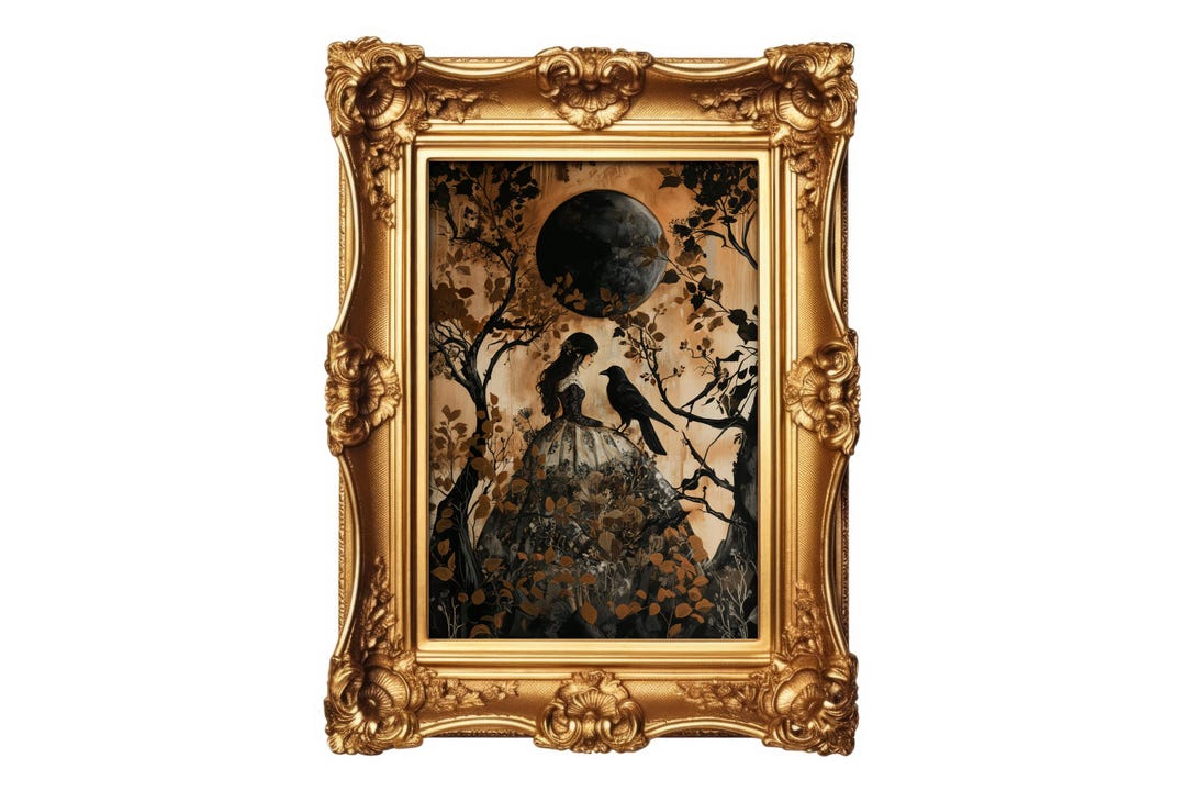 Gothic Woman and Raven Art Print: Enchanted Forest Decor (digital ...