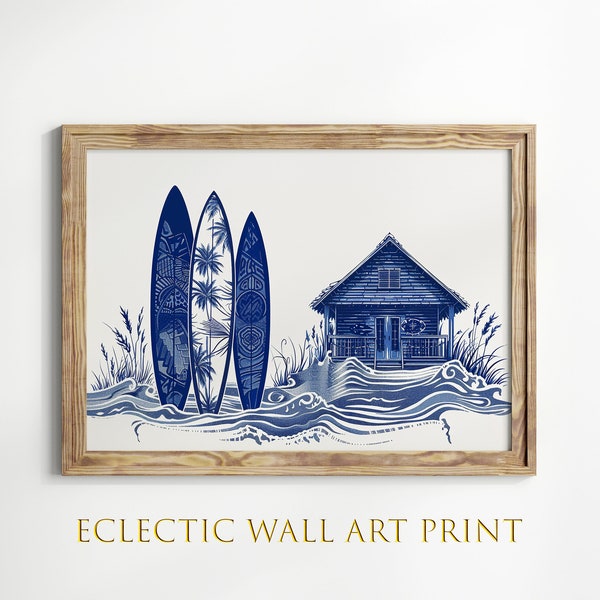 Surfboards and Beach House  Illustration Print, Coastal Wall Art, Eclectic Home Decor, Nautical Maritime Wall Decor, Beach House Decor