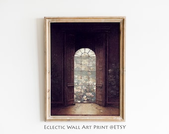 Ventana victoriana antigua, decoración de la academia oscura, pintura al óleo oscura, arte vintage melancólico
